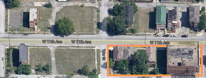 Google Maps image of the block, highlighting the target area. Note the high rate of land vacancy and the roof damage on the Slovak Club itself: Normally a dealbreaker in a non-steel building.