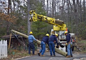 utility power restoration crew working to clear downed trees and limbs