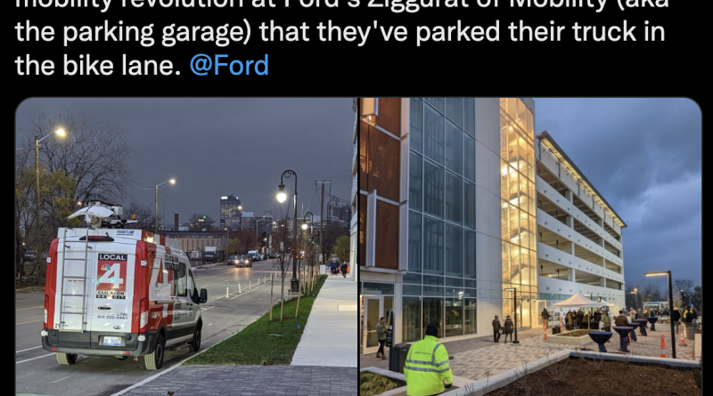 A screenshot of a tweet of a Local WDIV Channel 4 news van blocking the two-way bike lanes on Bagley Avenue in Southwest Detroit near the MIchigan Central Station project on a chilly and overcast fall evening.