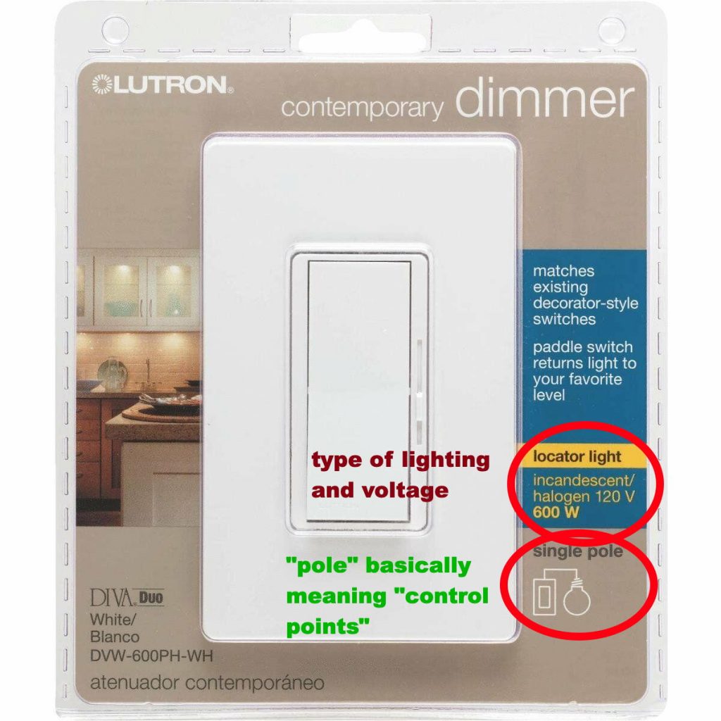 Lutron dimmer switch packaging with labels indicating the poles of the switch and the wattage (suitability of lighting type).
