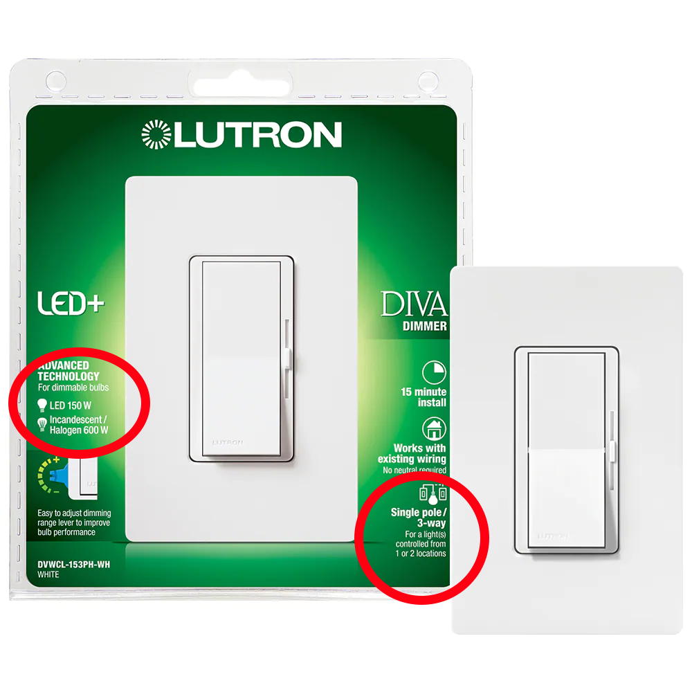 Lutron dimmer switch packaging with labels indicating the poles of the switch and the wattage (suitability of lighting type).