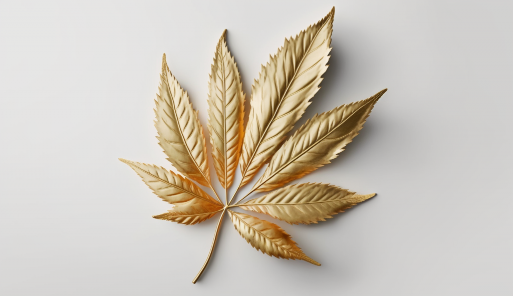 midjourney AI generated golden pot leaf, cannabis, marijuana, weed