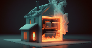midjourney AI image of a house in winter, indicating heat on the inside from a boiler, furnace, or other heating appliance, and pipes, steam; residential energy.