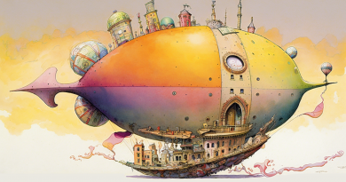 surrealist colorful illustration of dirigible or zeppelin with buildings
