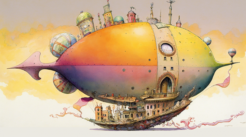 surrealist colorful illustration of dirigible or zeppelin with buildings