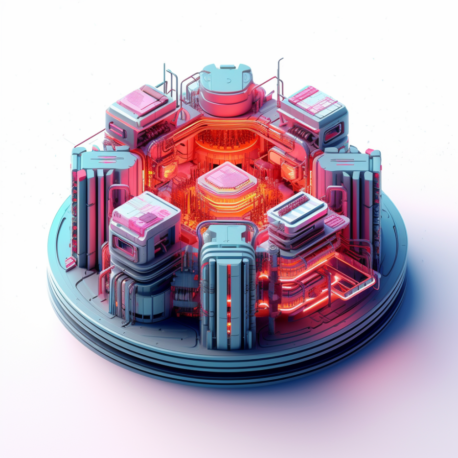 midjourney ai rendering of cyberpunk tokamak reactor in isometric view