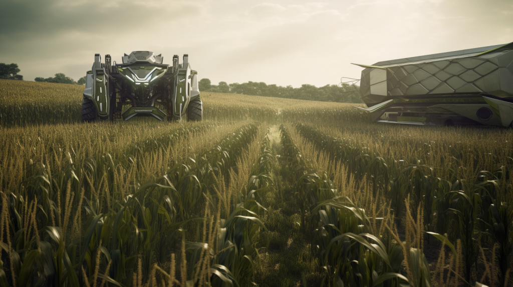 futuristic agricultural harvester machinery, rendered in midjourney ai