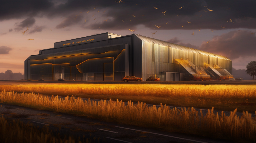 futuristic agricultural industrial facility, rendered in midjourney ai