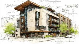 commercial mass timber building watercolor
