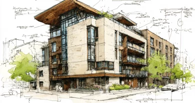 commercial mass timber building watercolor